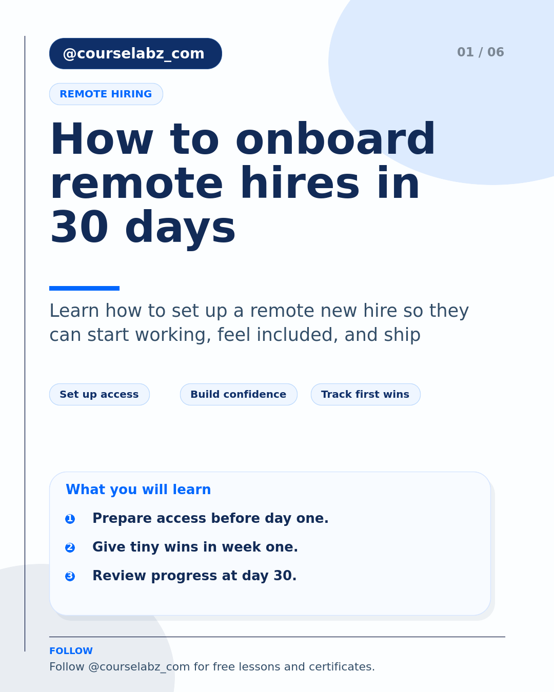 How to onboard remote hires in their first 30 days social slide 1